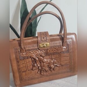 Vintage 70s Matador and Bull Elegant Brown Tooled Leather Bag Purse
